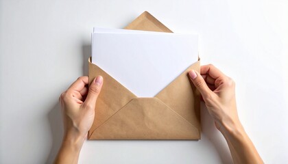 Hands holding brown envelope with card, surrounded by rustic gifts on white surface