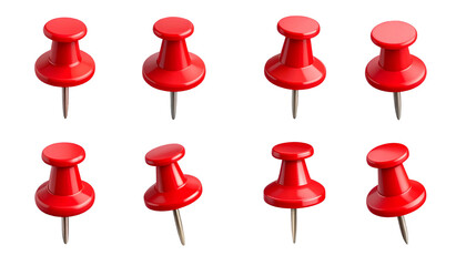 Red push pins for attaching business notes in the office to a bulletin board on a white background