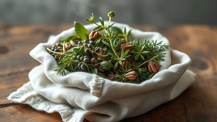 within. A rustic linen cloth bundle filled with aromatic herbs on wood. menu design, packaging mockups, designed for culinary blogs and recipe cards for restaurants.