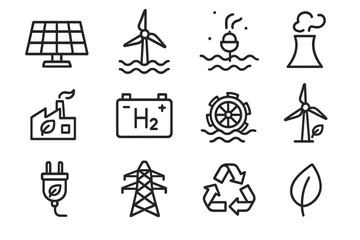 Renewable Energy Icons. Renewable sources linear icon set. solar array, offshore windmill, tidal energy buoy, geothermal vent, biomass plant, hydrogen cell, water wheel, eco