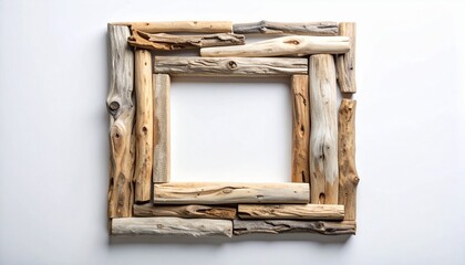 Rustic driftwood picture frame with pine branch on white background