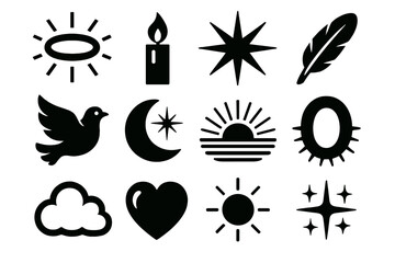 Heavenly Icons Set. Heavenly Radiance silhouette icon set : glowing halo, candle flame, radiant star, feather, dove, moonlight, sunrise beam, golden aura, soft cloud, heart, gentle