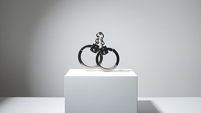 restraint. Broken handcuffs sculpture isolated on a pure white pedestal with dramatic side lighting. wellbeing guides.