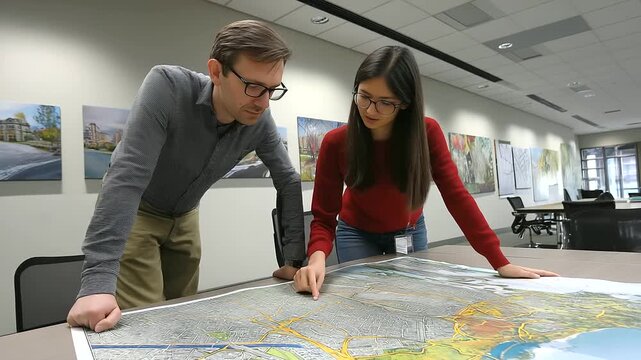 A pair of urban planners, studying a large city map spread across a table, highlighting routes, strategic, collaborative, government office setting, in the style of a newspaper pho