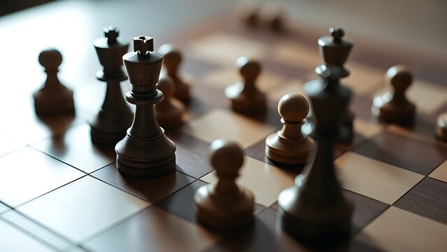 endgame. Close-up of a wooden chessboard with few pieces and dramatic side lighting. tutorial guides, club newsletters, designed for sports & leisure club marketing, used by biotech researchers.