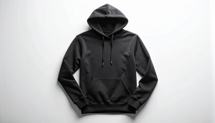 Black hoodie with kangaroo pocket and drawstrings on white surface