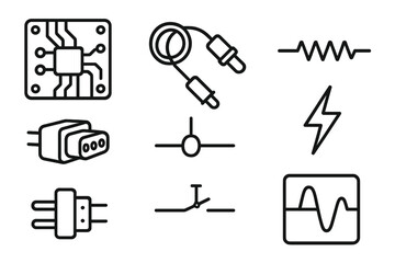 Fototapeta premium Electrical Icon Blueprint. Electrical CAD linear icon set. circuit board, wire, plug, resistor, schematic, connector, lightning bolt, chart.