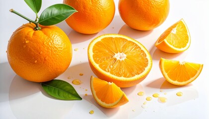 Fresh oranges with juice splashes and green leaves on white surface
