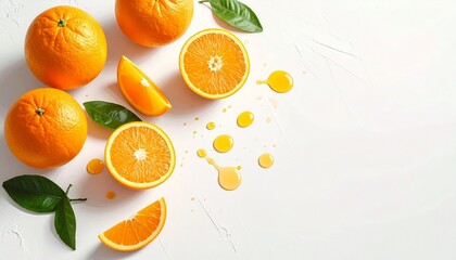 Fresh oranges with juice splashes and green leaves on white surface