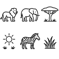 Obraz premium Savanna Icon Parade. Savanna Plains linear icon set. lion, elephant, acacia tree, sun, zebra, grass
