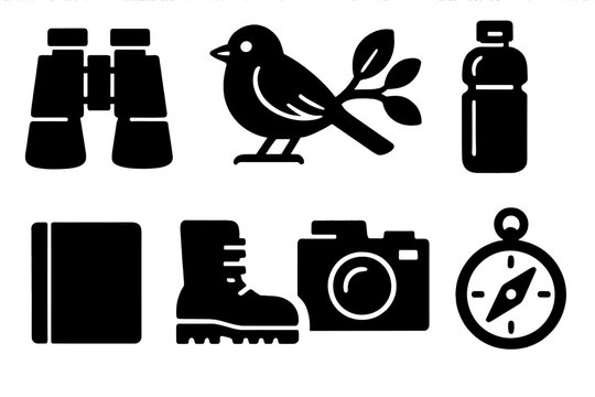 Bold Nature Icons. Nature Observation Set silhouette icon set. binoculars, bird, tree branch, water bottle, notebook, camera, boots, compass.