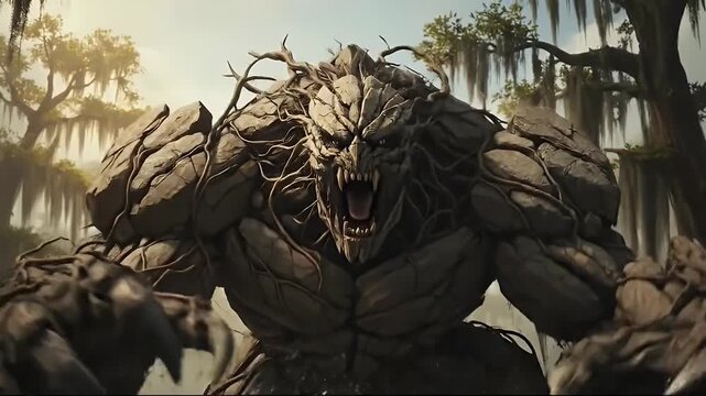 Powerful mud monster striding through a fantasy swamp environment