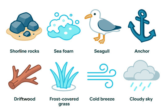 Coastal Chill Icons. Coastal Chill flat icon set: shoreline rocks, sea foam, seagull, boat anchor, driftwood, frost-covered grass, cold breeze lines, cloudy sky