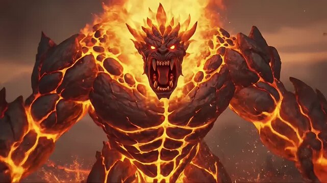 Powerful molten rock elemental with burning flames in a volcanic landscape