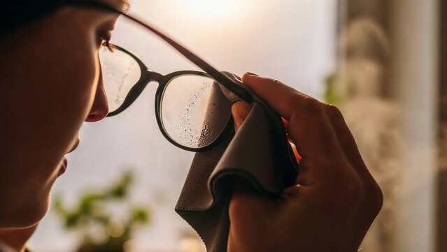 Man cleaning glasses with cloth while sitting by the window