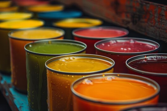 Metal cans filled with colorful paint create a vibrant display, showcasing various shades for artistic endeavors