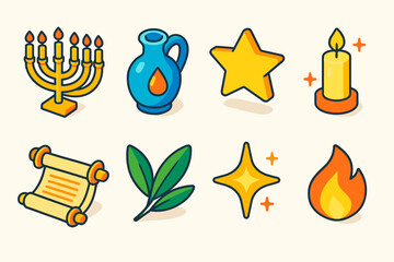 Festive Isometric Icons. Festival Miracle flat icon set: menorah glow, oil flask, star, candlelight, scroll, olive leaves, sparkle, flame
