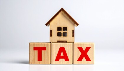 Wooden house model on blocks spelling TAX