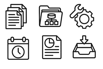 Batch Processing Icons. Batch Processing linear icon set. file queue, dataset folder, automation gear, scheduled task icon, report output, processing tray.
