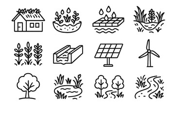 Green Infrastructure Icons. Green Infrastructure Elements Set linear icon set: green roof, rain garden, permeable pavement, bioswale, native plants, stormwater channel, solar panel