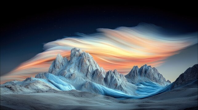 A stunning landscape featuring a mountain range with flowing, colorful clouds in the sky, creating a dramatic and ethereal sunset scene.