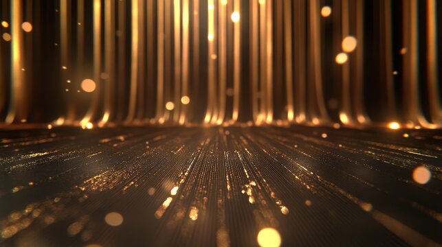 Golden Particles Flowing Downward in Dark Luxurious Theme with Bokeh and Shimmering Highlights - Powered by Adobe