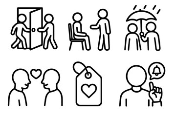 Acts of Kindness Icons. Everyday Kindness Set linear icon set: holding door, offering seat, sharing umbrella, giving compliment, thank-you tag, gentle reminder