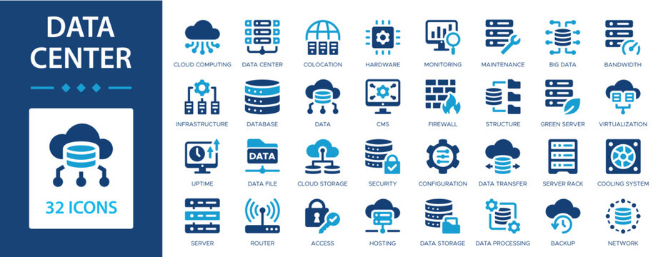 Data center flat icons collection. Cloud computing, database, server, backup, hosting, access, virtualization, data processing sign set.