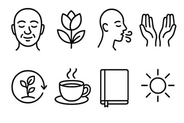 Mindful Aging Icons. Mindful Aging Concepts linear icon set: peaceful face, blooming flower, mindful breathing, open hands, resilience symbol, warm tea cup, journal, sunlight rays