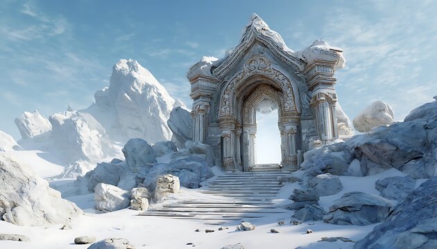 Temple gateway mockup with white plasma console inside snowy alien terrain