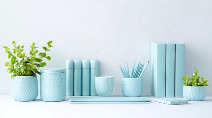 A collection of office supplies and potted plants in shades of blue and green, arranged on a white surface against a white background. The image has a minimalis