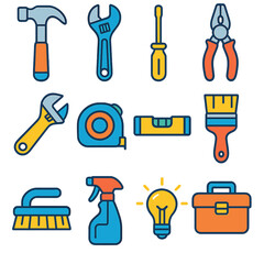 Colorful Tool Icons. Household Maintenance Tools Set flat icon set: hammer, adjustable wrench, screwdriver, pliers, utility knife, tape measure, level tool, paintbrush, scrub brush