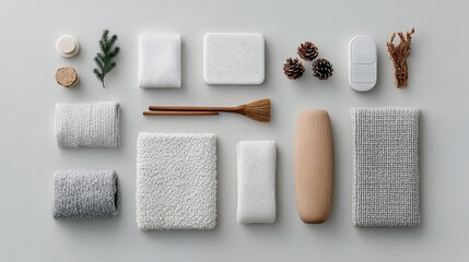 A collection of various objects, including towels, wood, and natural elements, arranged on a white surface, creating a minimalist and aesthetically pleasing com
