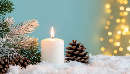 First Advent candle near snow-covered pine branches and pine cones on bokeh lights teal gold background.