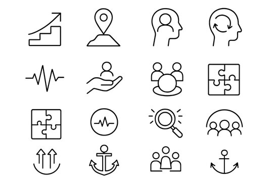 Team Resilience Icons. Team Resilience Set linear icon set: recovery step, challenge marker, mindset shift arrow, steady rhythm line, mentoring hand, common ground icon, solution