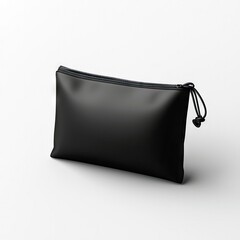 Naklejka premium A black pouch with a zipper and drawstring is isolated against a white background. The studio shot emphasizes the product's shape and texture.