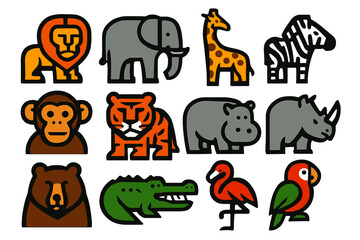 Fototapeta premium Bold Zoo Icons. Zoo life silhouette icon set. lion, elephant, giraffe, zebra, monkey, tiger, hippo, rhino, bear, crocodile, flamingo, parrot