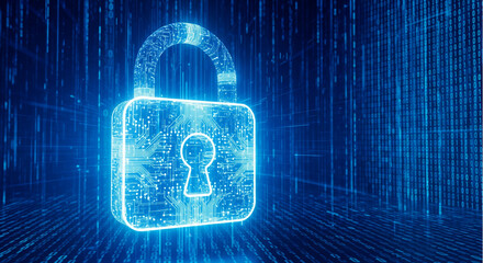 Glowing digital padlock made of electronic circuits on dark blue binary code background. Futuristic cyber security concept for data privacy and internet protection.
