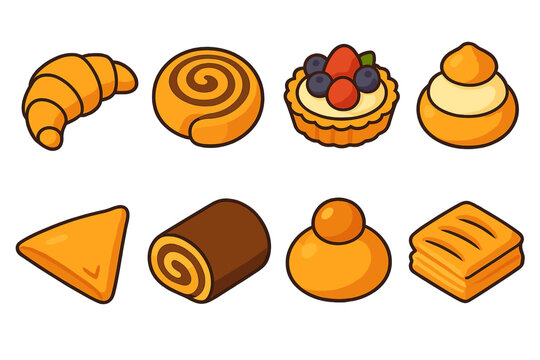 Vibrant Pastry Icons. Fresh Bakery Pastries Icons flat icon set: croissant, danish swirl, fruit tart, cream puff, turnover, chocolate roll, brioche, puff pastry