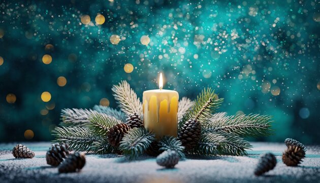 First Advent candle near snow-covered pine branches and pine cones on bokeh lights teal gold background. - Powered by Adobe