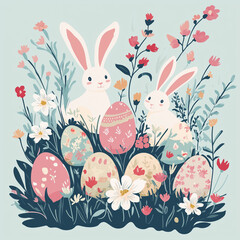 Happy Easter, Modern flat design with flowers, eggs and bunnies, pastel colors. Vector illustration