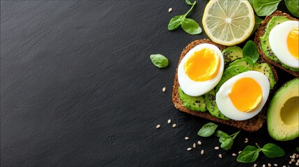 Overhead shot of avocado toast with sliced eggs, lemon, and basil on a dark textured surface.