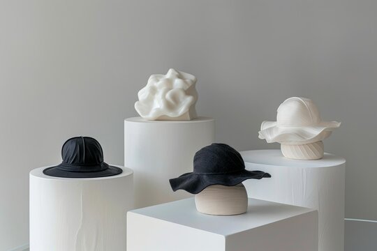 Contemporary fashion hats are showcased on white pedestals, creating a minimalist and stylish display in a showroom setting - Powered by Adobe