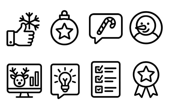 Festive Icon Designs. Festive User Recommendations linear icon set: snowflake thumbs up, ornament review star, candy cane comment bubble, frosty avatar, reindeer chart, glowing
