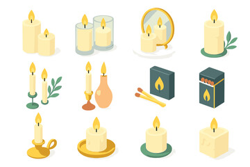 Elegant Candle Icons. Sophisticated Candle Display flat icon set: pillar candles, glass holders, marble tray, gold accents, mirror reflection, greenery sprig, taper candles, vase