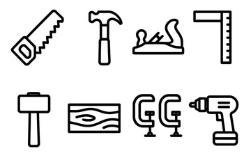 Carpentry Tools Icons. Carpentry Tools linear icon set: saw, hammer, plane, square ruler, mallet, wood plank, clamps, drill