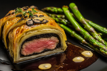 Beef Wellington with chanterelles, asparagus and black truffle