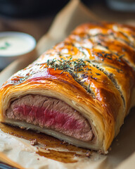 Making beef wellington before going into the oven 