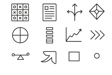 Strategic Planning Icons. Strategic Opportunity Review linear icon set: decision matrix, planning sheet, branching arrows, market zone map, capability bar, clarity diamond