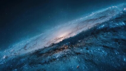 Edge-on view of a spiral galaxy with a bright core and a dark dust lane across a blue, starry disk. - Powered by Adobe